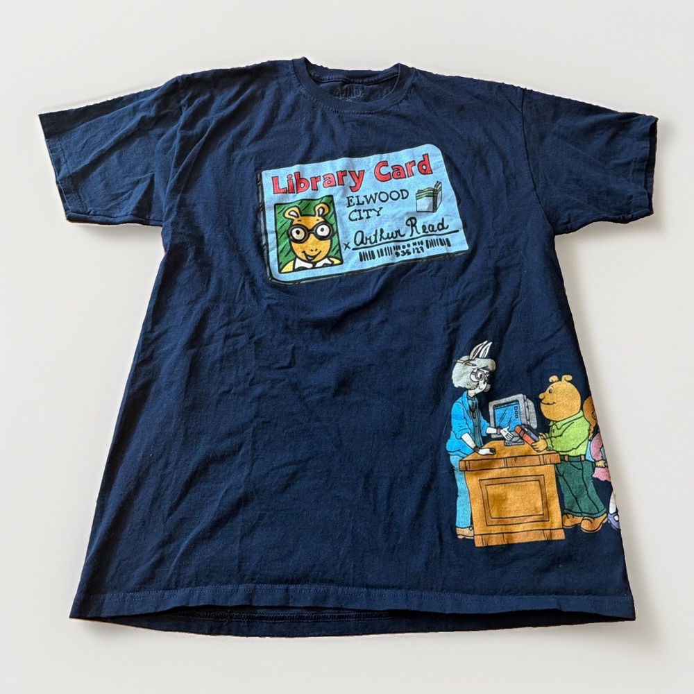 Arthur Library Card Large T-Shirt Graphic Black Elwood City Characters Scene